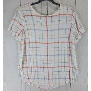 LC Lauren Conrad White Plaid Short-Sleeve Top with Orange and Blue Lines